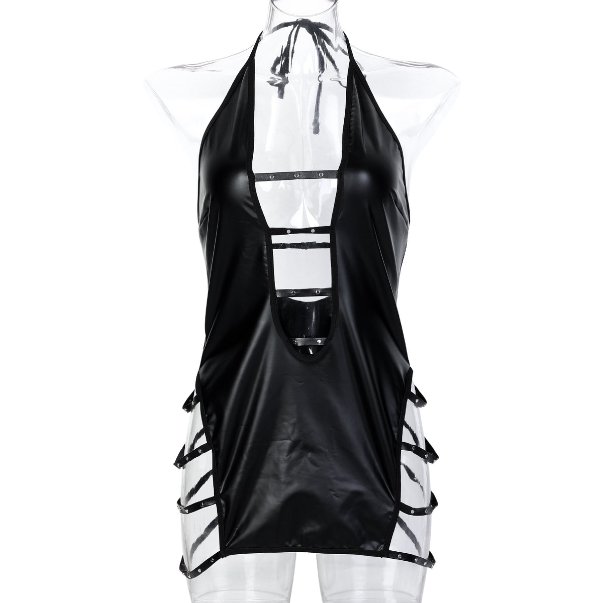 Black - Black Faux Leather Backless Babydoll Dress