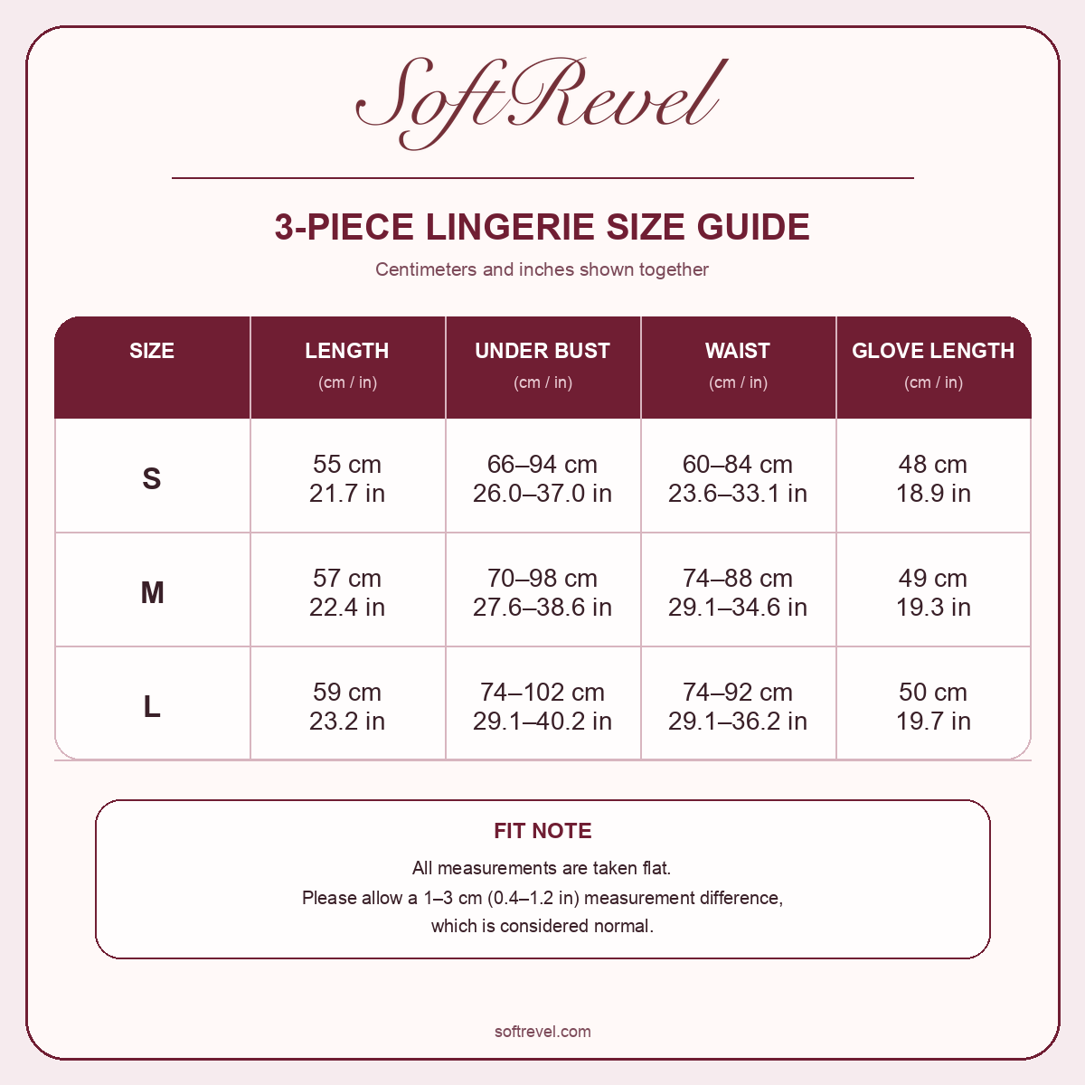 SoftRevel Size Guide — cm and in
