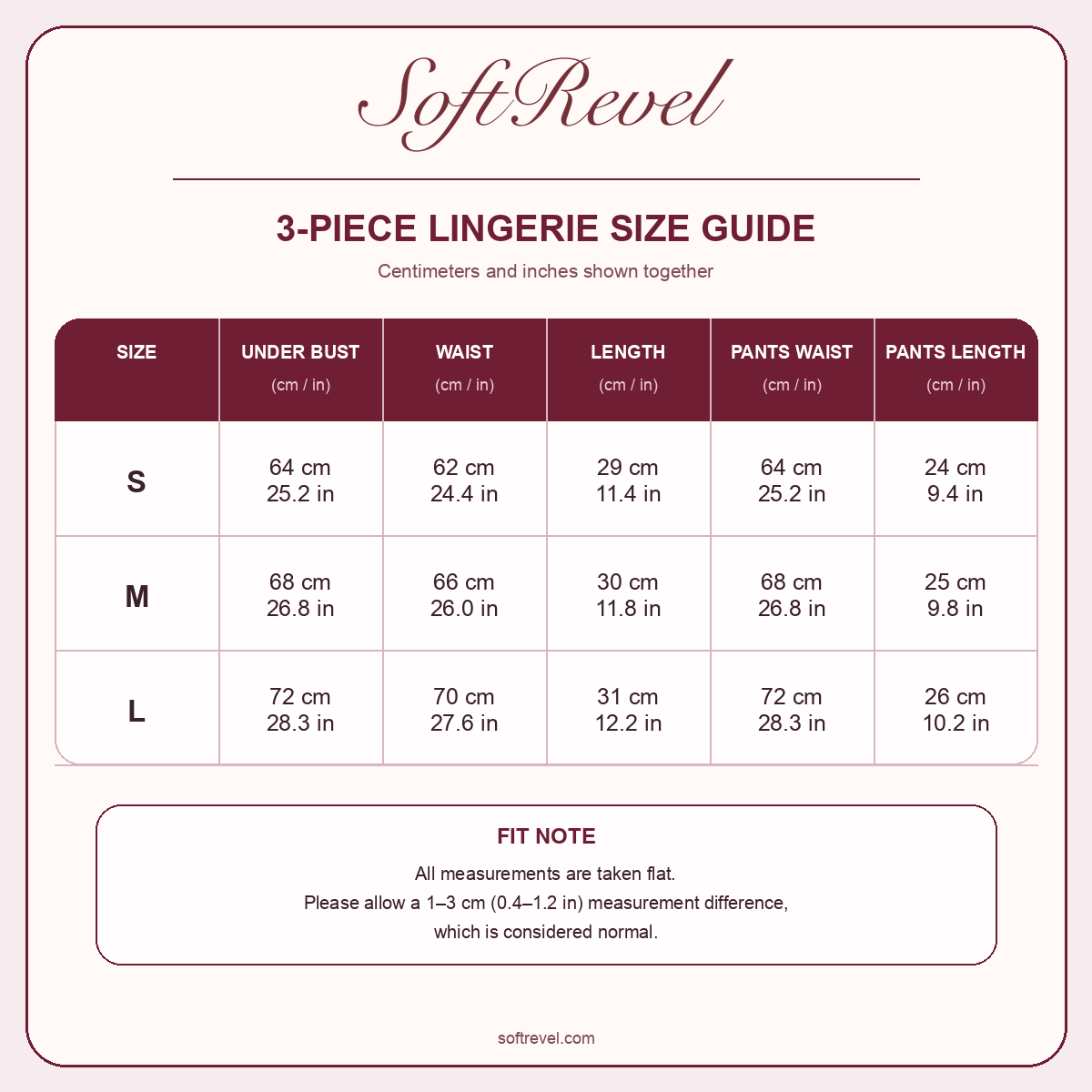 SoftRevel Size Guide — cm and in
