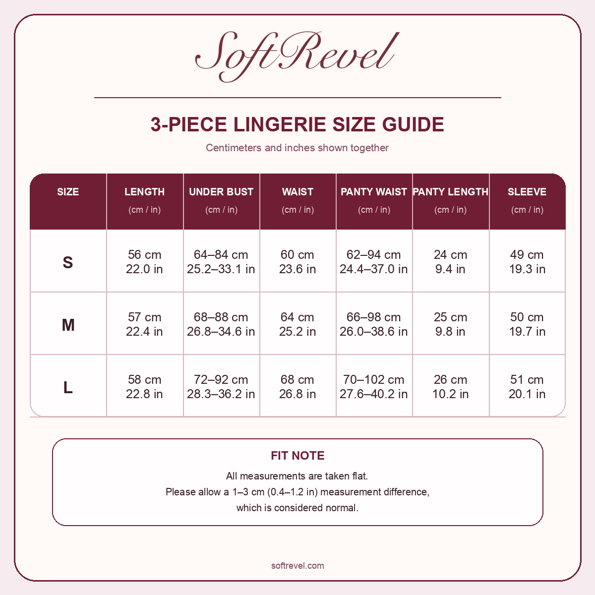 SoftRevel Size Guide — cm and in