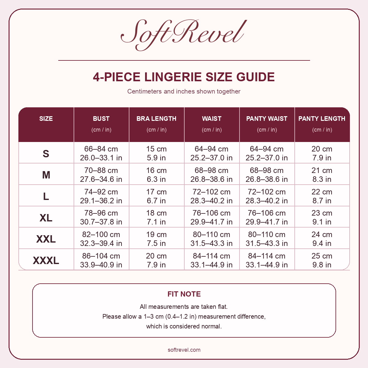 SoftRevel Size Guide — cm and in
