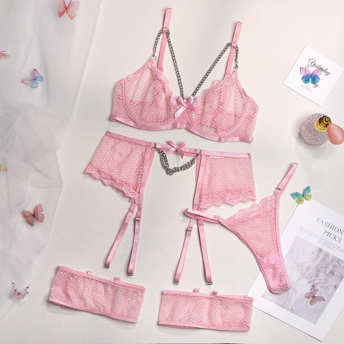 SoftRevel 4-Piece Set Chain Lingerie - flat lay