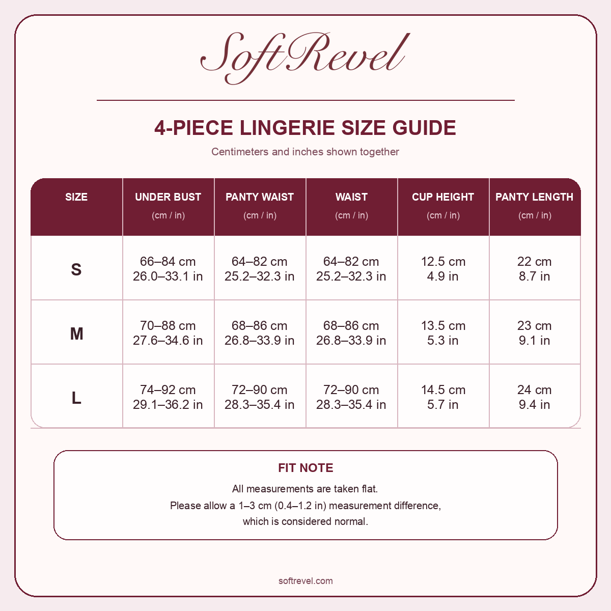 SoftRevel Size Guide — cm and in