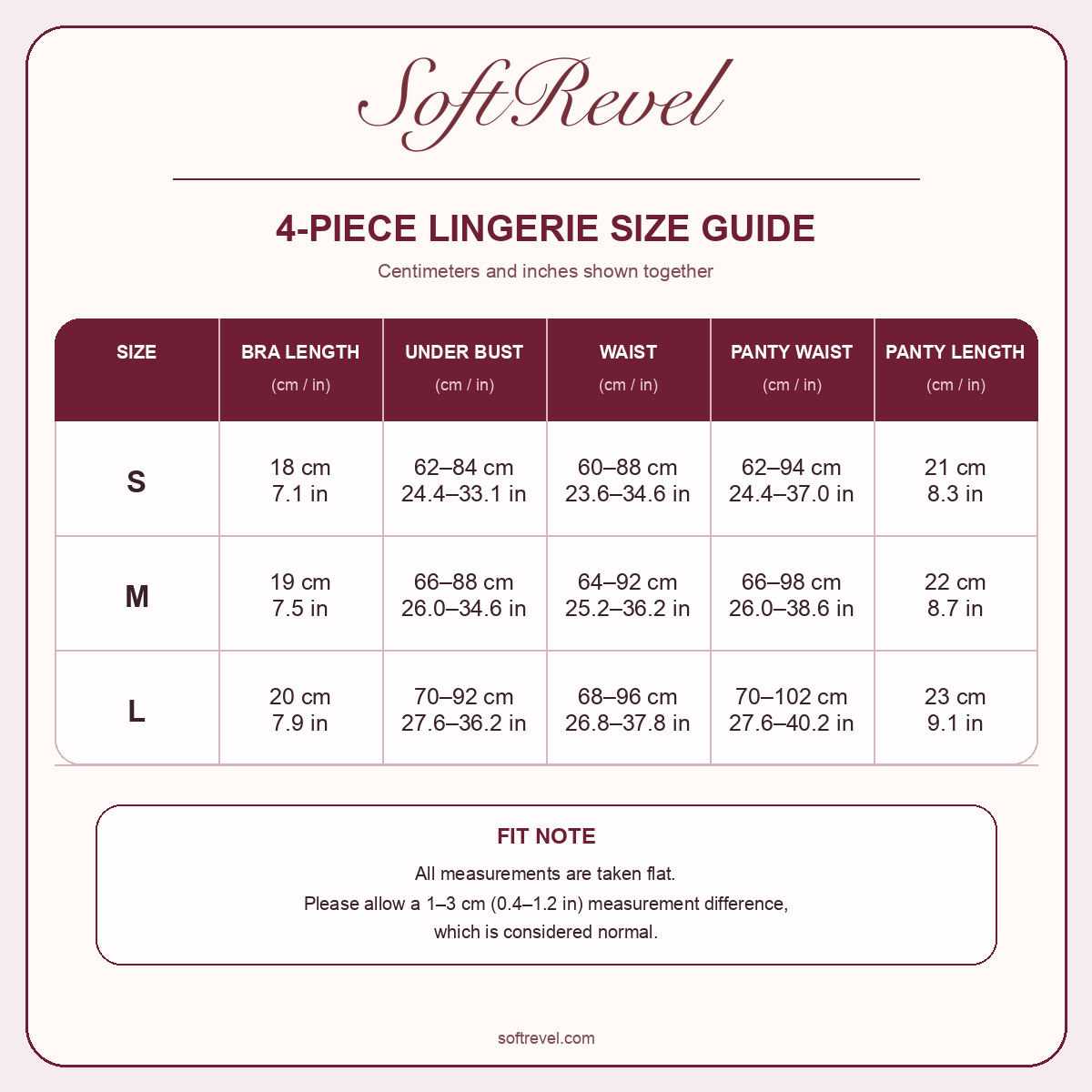 SoftRevel Size Guide — cm and in