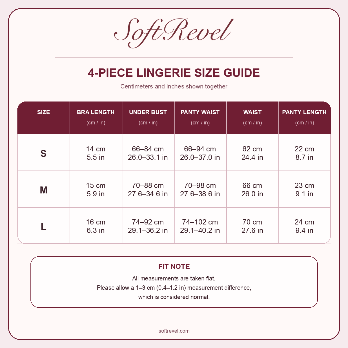SoftRevel Size Guide — cm and in