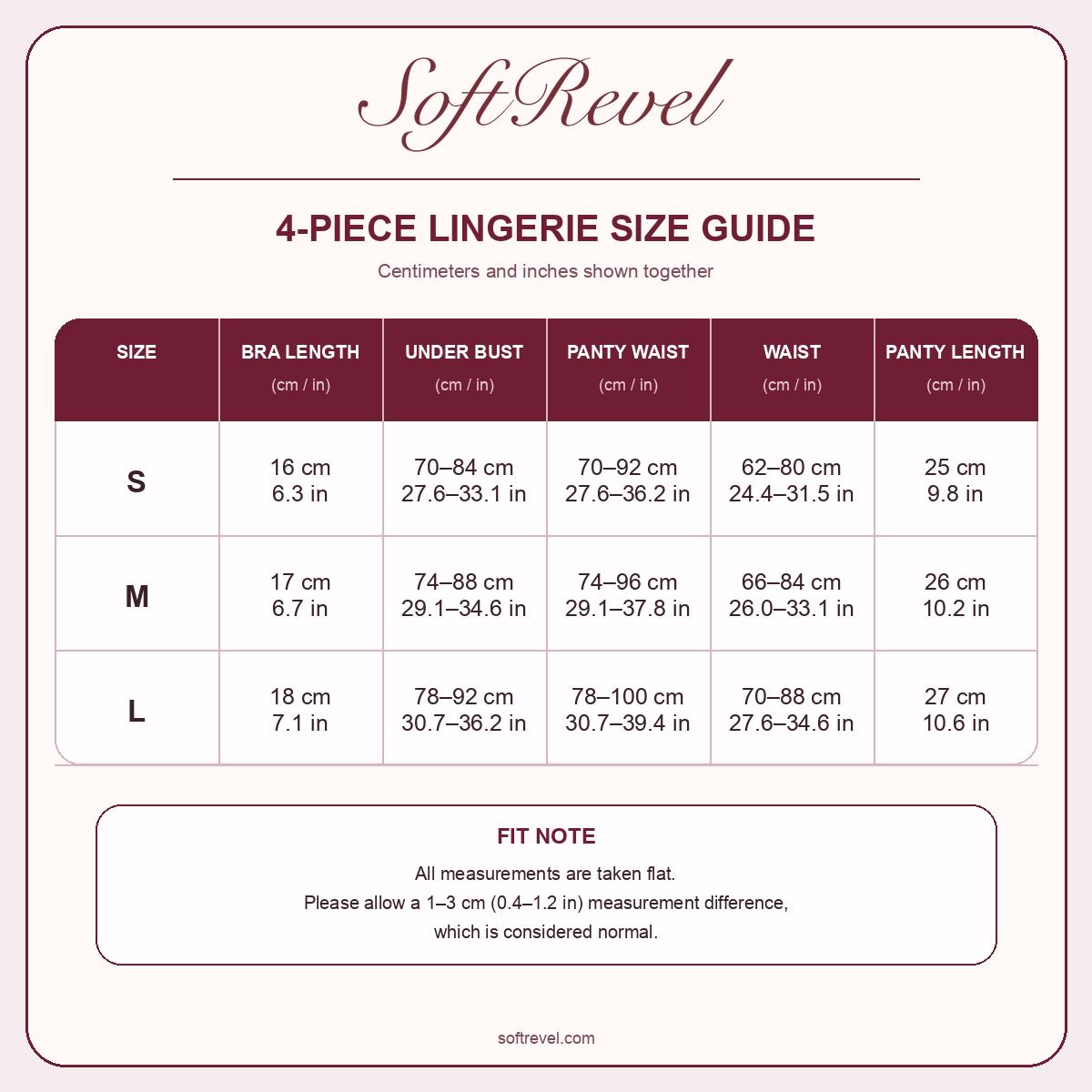 SoftRevel Size Guide — cm and in