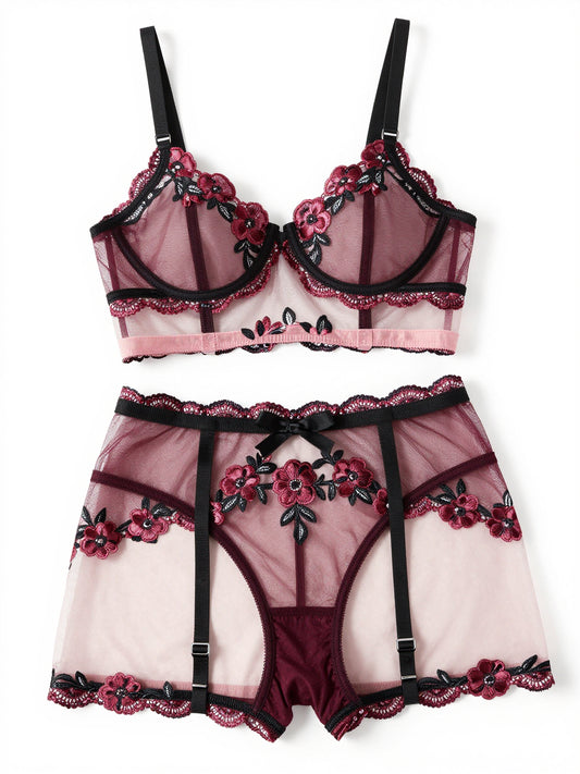 Floral Embroidered Three-Piece Set
