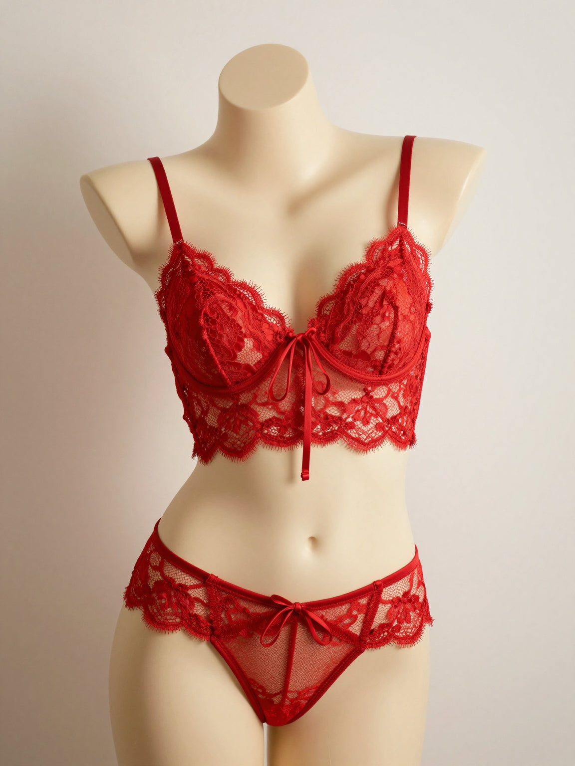 Red Lace Bralette Set with Tie Detail
