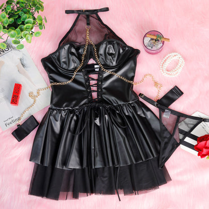 Black Faux Leather Babydoll Lingerie – Halloween Lace-Up Costume