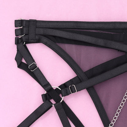 Black Mesh Chain-Strap Lingerie Set