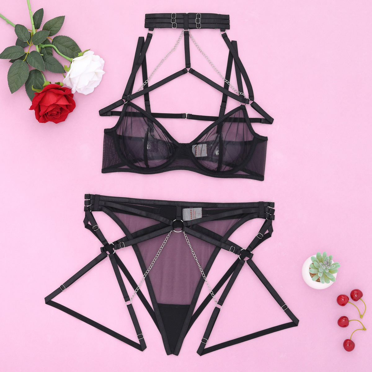 Black Mesh Chain-Strap Lingerie Set