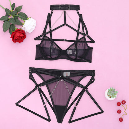 Black Mesh Chain-Strap Lingerie Set