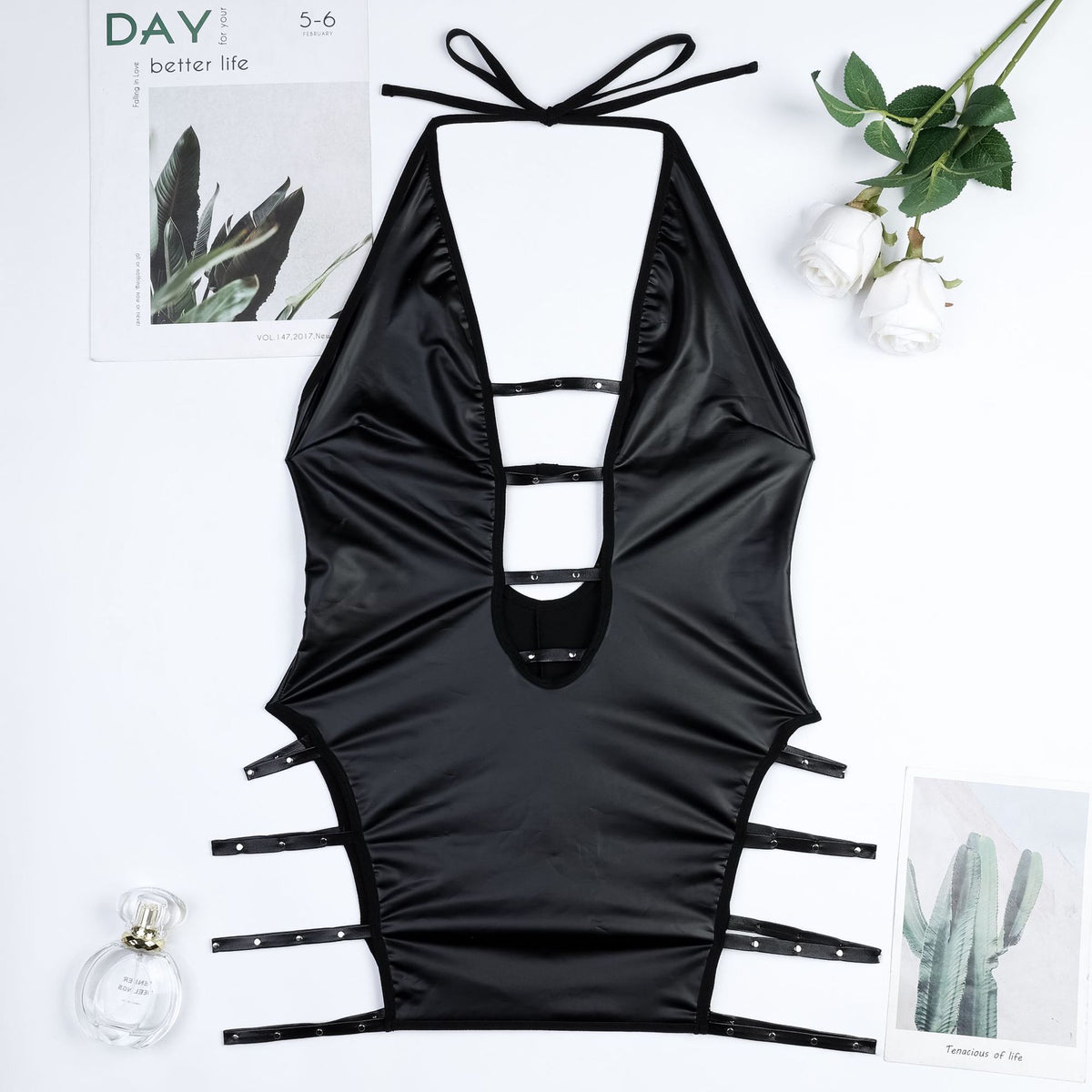 Black Faux Leather Backless Babydoll Dress - detail view 10