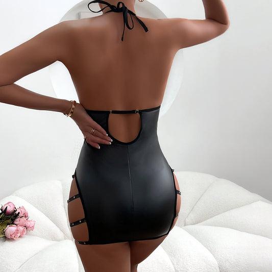 Black Faux Leather Backless Babydoll Dress - detail view 6