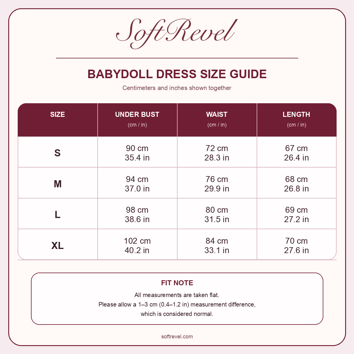 SoftRevel Size Guide — cm and in