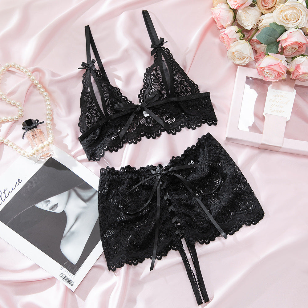 SoftRevel Black Lace Bra Set Lingerie - flat lay