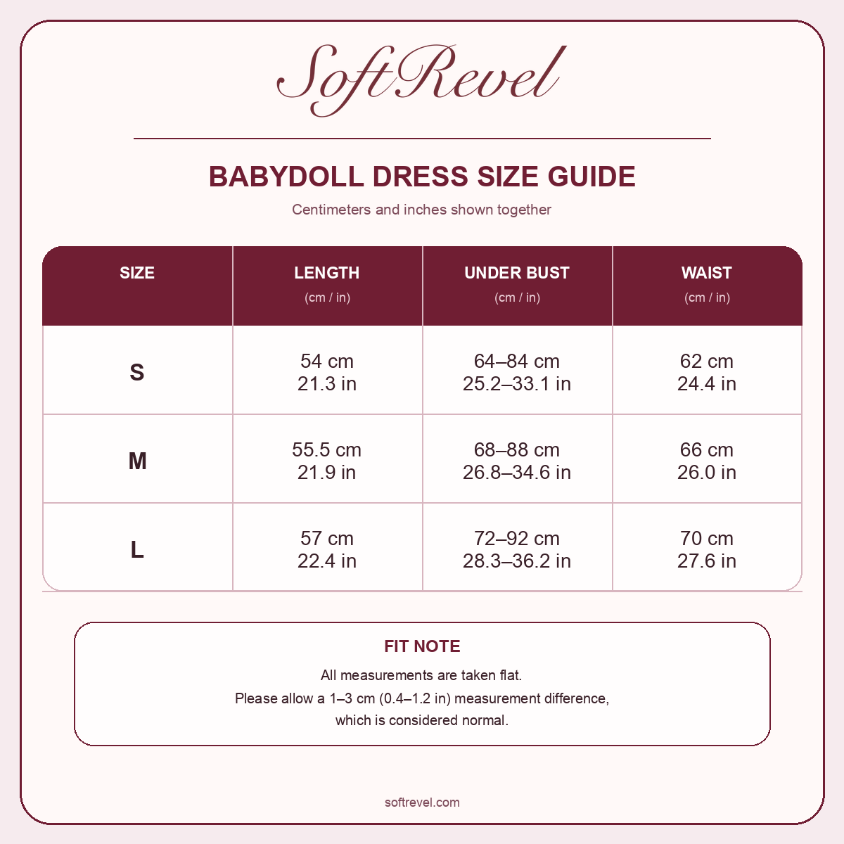 SoftRevel Size Guide — cm and in