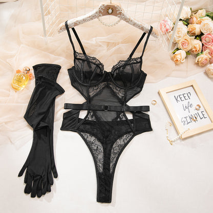 SoftRevel Black Lace Mesh Bodysuit - flat lay