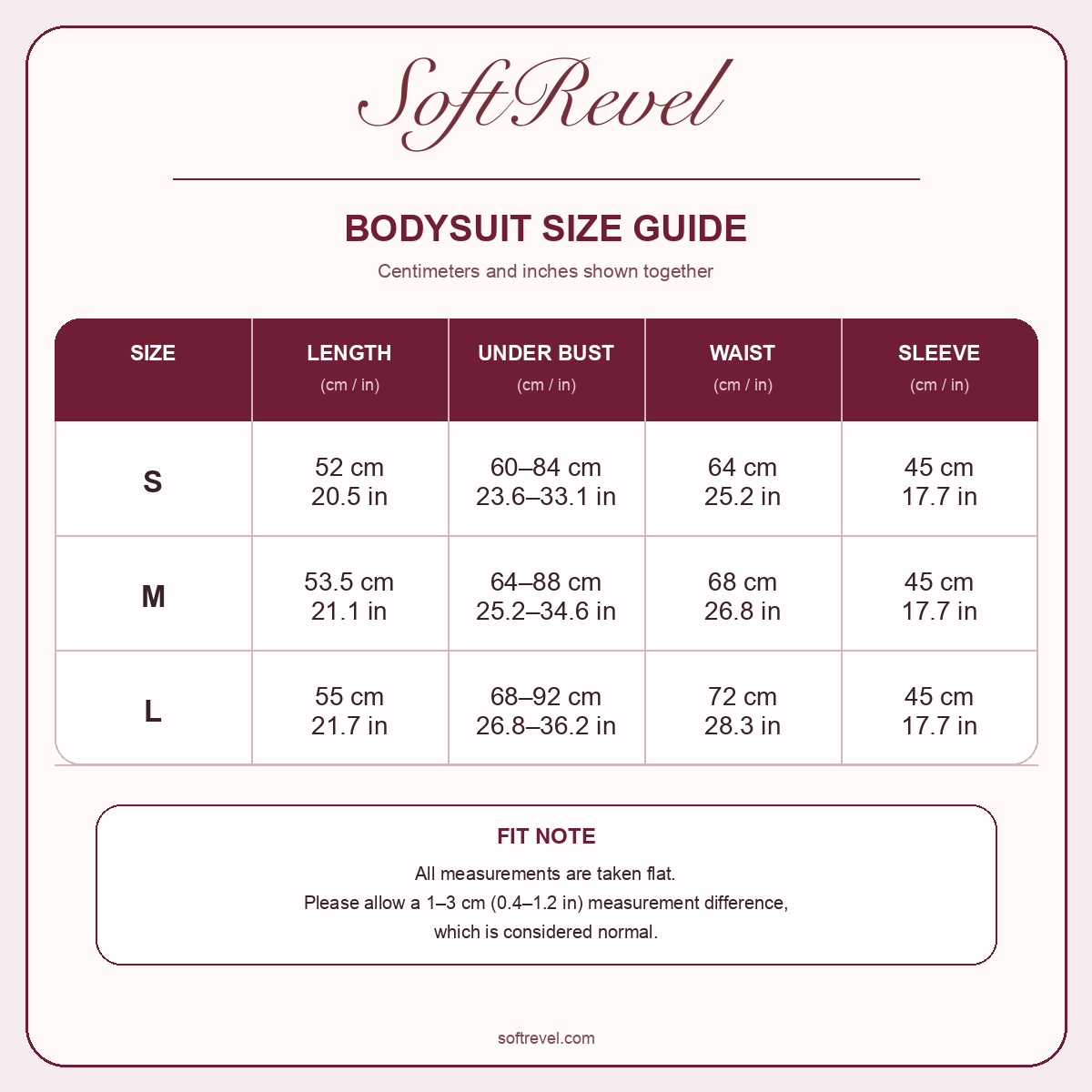 SoftRevel Size Guide — cm and in