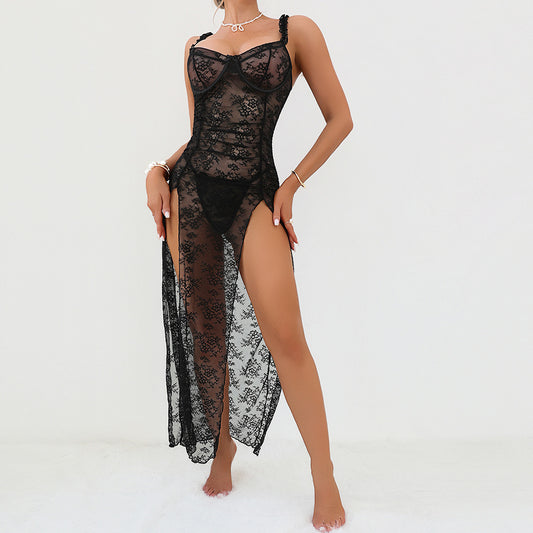 SoftRevel Black Lace Mesh Plus Size Lingerie - front view