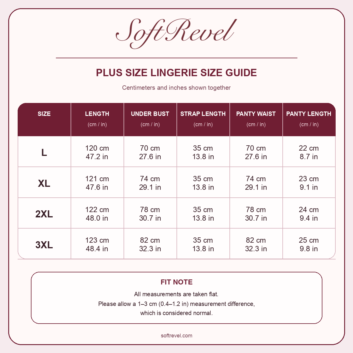 SoftRevel Size Guide — cm and in
