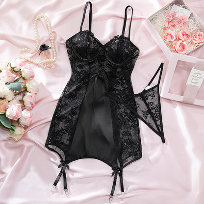 SoftRevel Black Lace Satin Bodysuit - flat lay