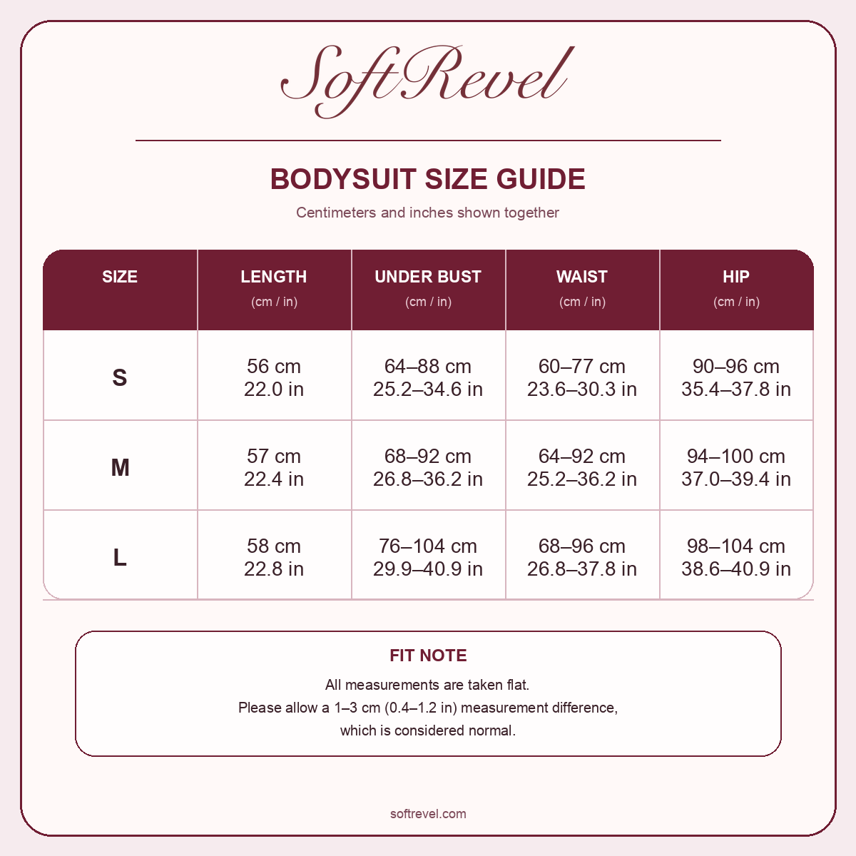 SoftRevel Size Guide — cm and in