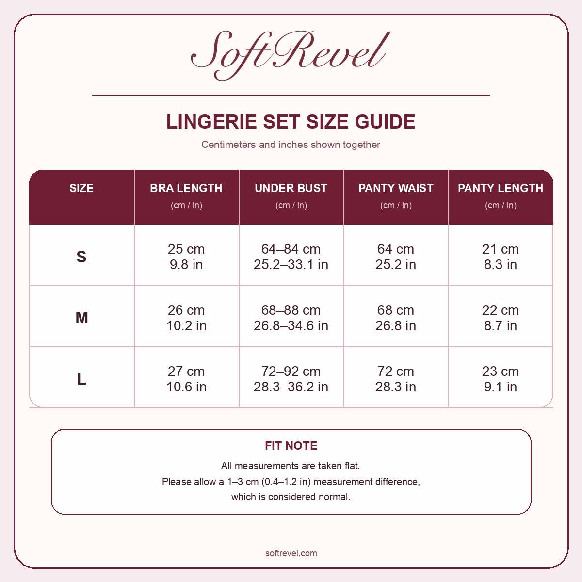 SoftRevel Size Guide — cm and in