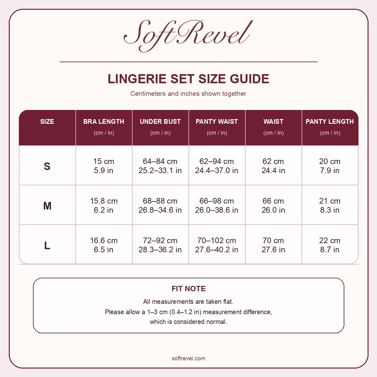 SoftRevel Size Guide — cm and in