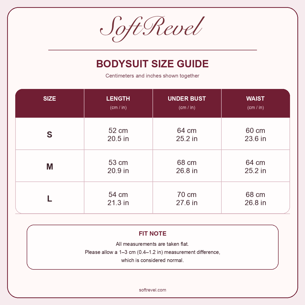 SoftRevel Size Guide — cm and in