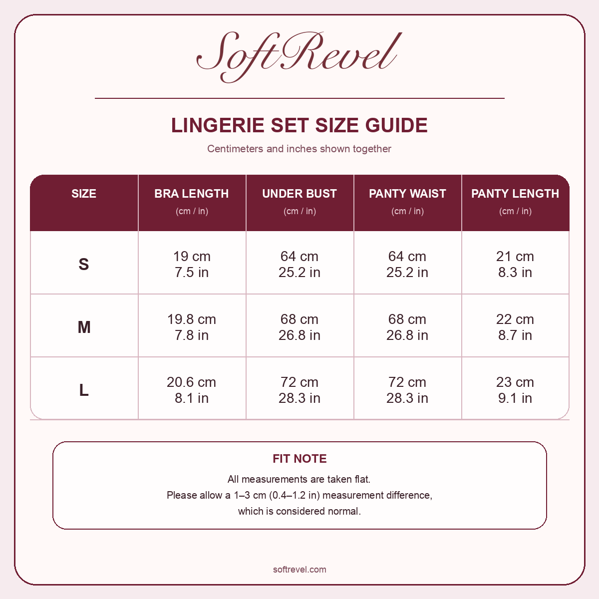 SoftRevel Size Guide — cm and in