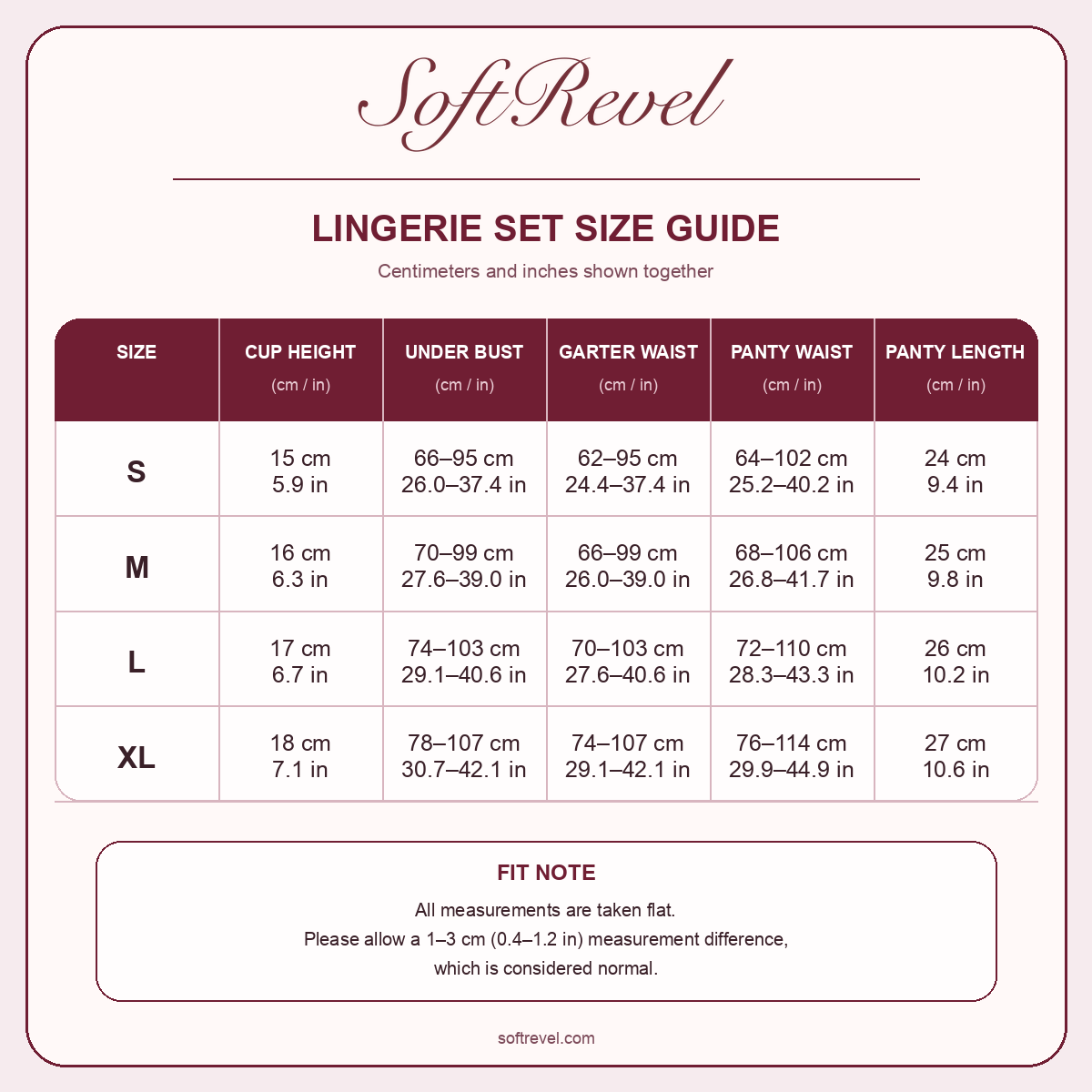 SoftRevel Size Guide — cm and in