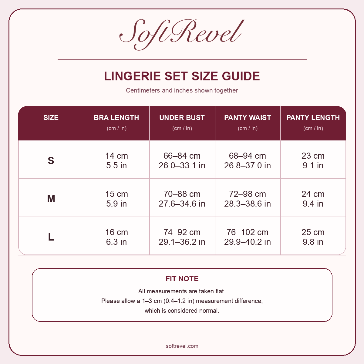 SoftRevel Size Guide — cm and in