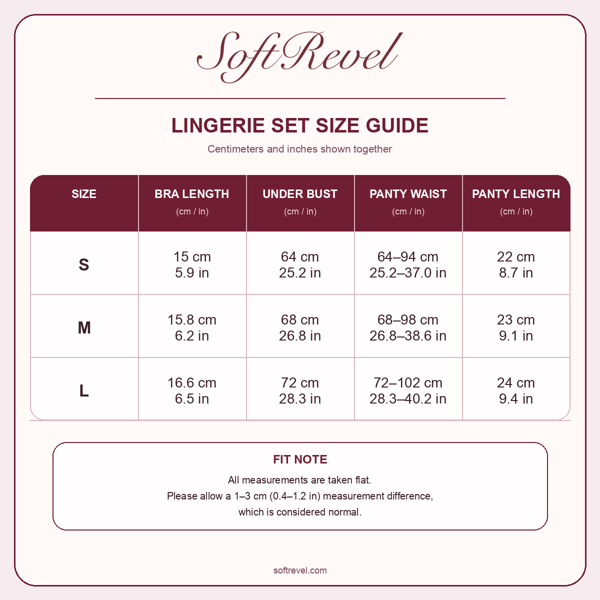 SoftRevel Size Guide — cm and in
