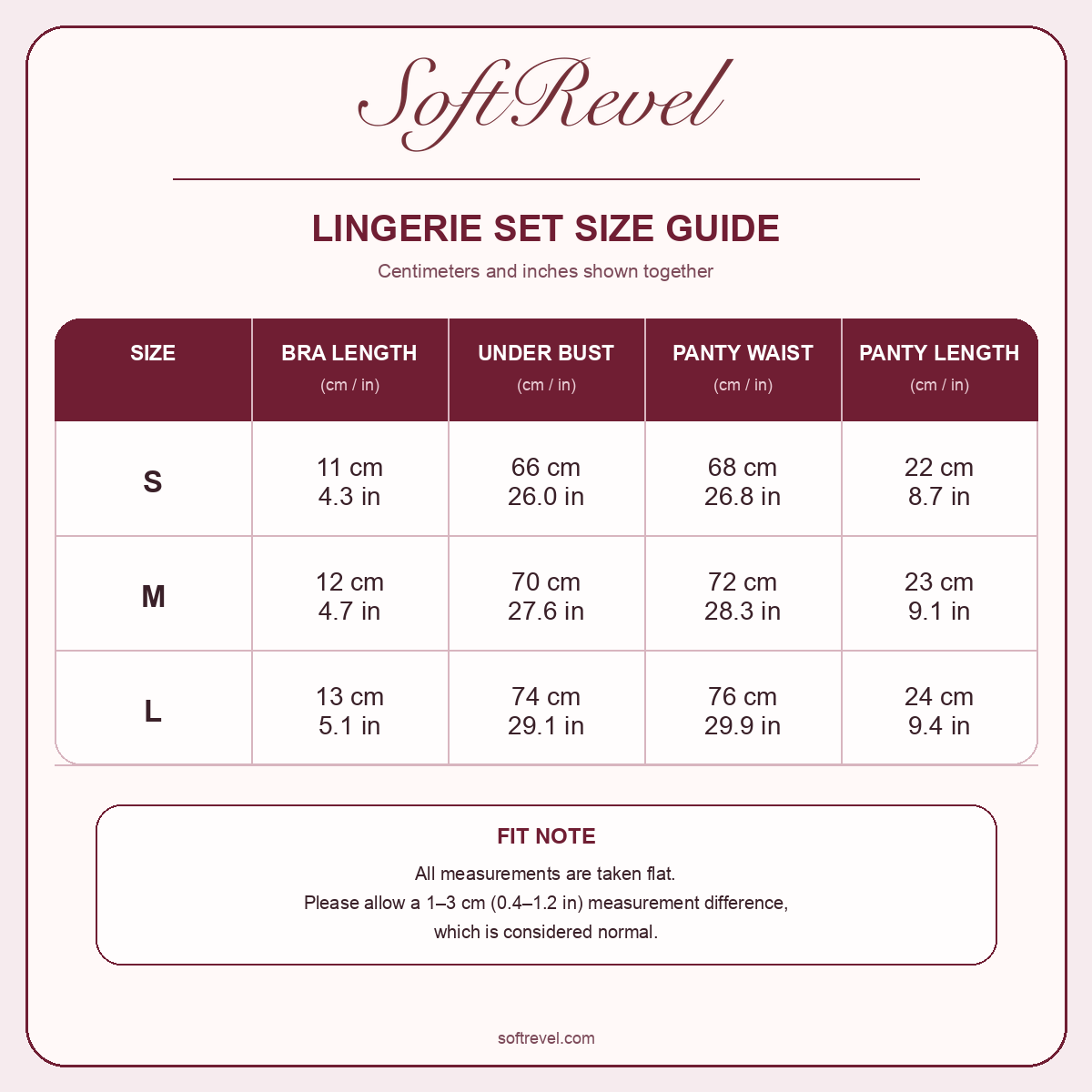 SoftRevel Size Guide — cm and in