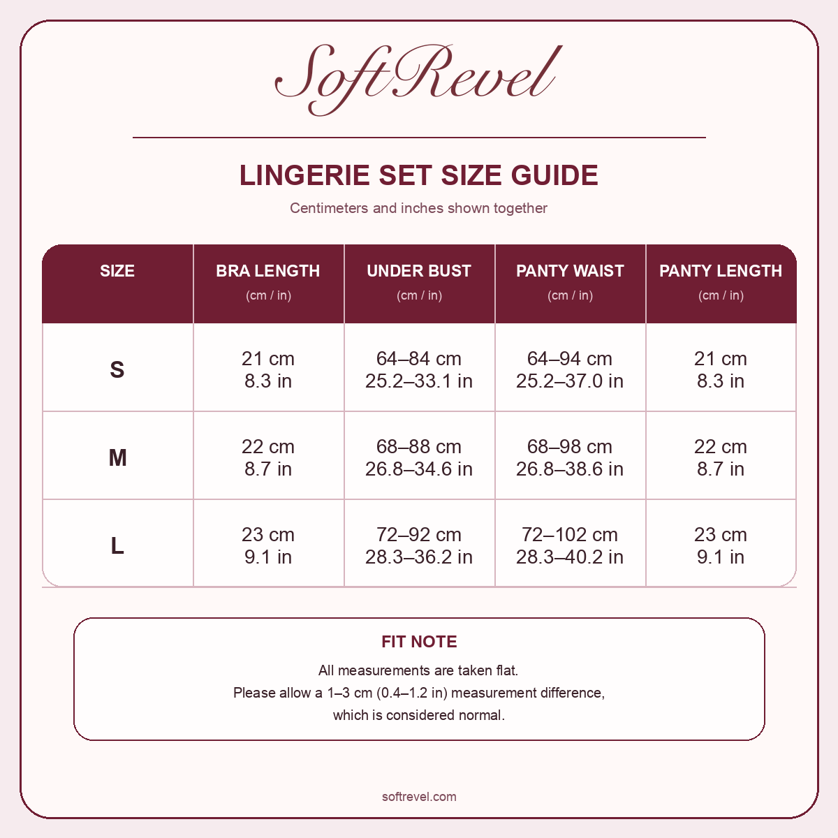 SoftRevel Size Guide — cm and in