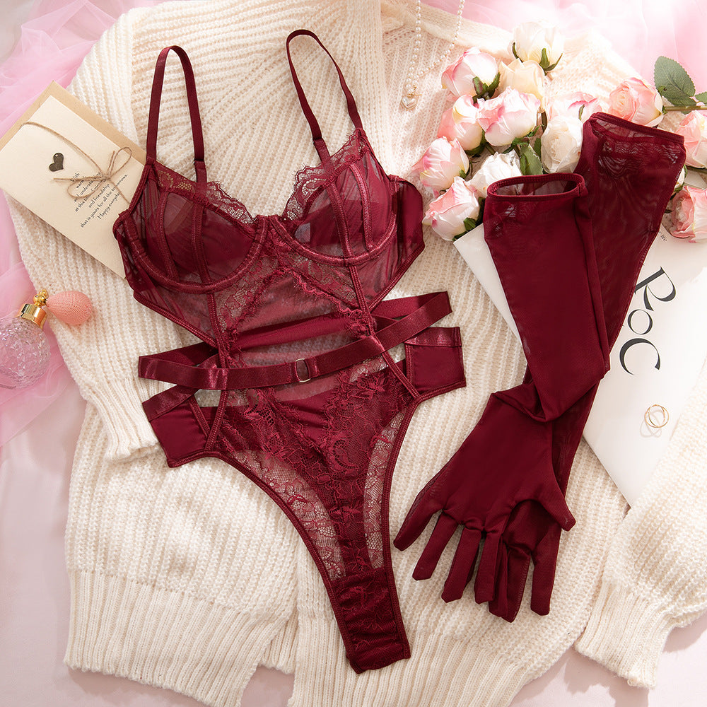 SoftRevel Burgundy Lace Shapewear Bodysuit - flat lay