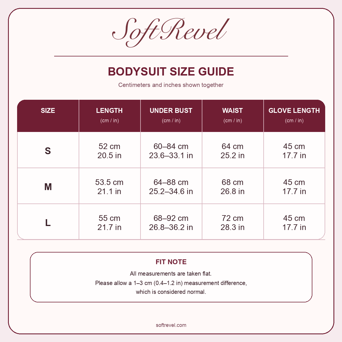 SoftRevel Size Guide — cm and in