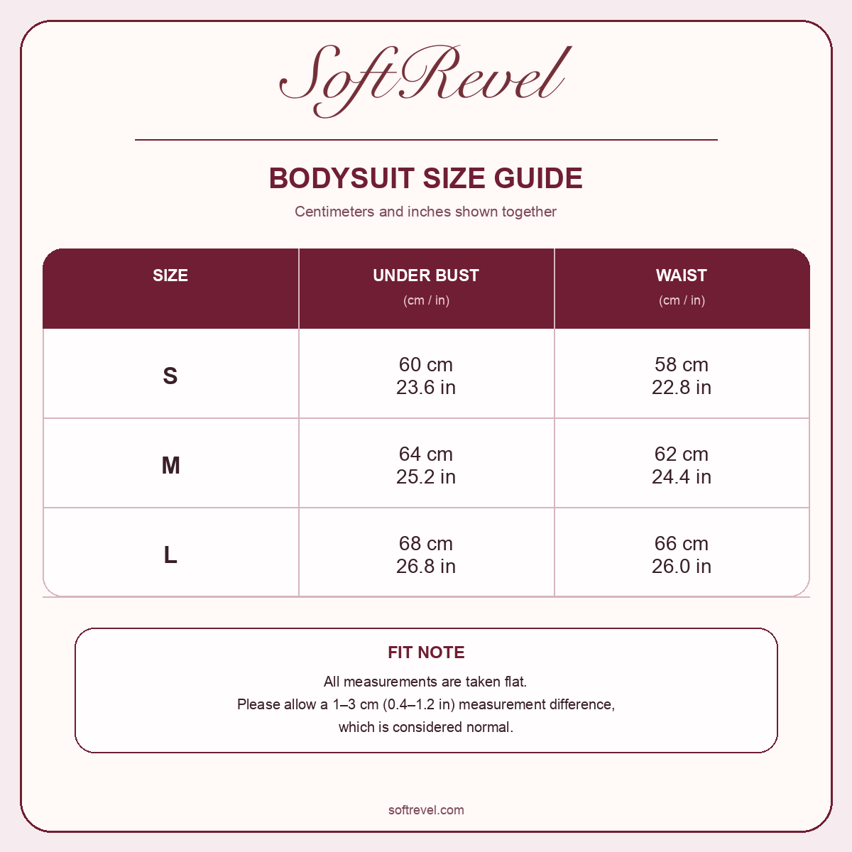 SoftRevel Size Guide — cm and in