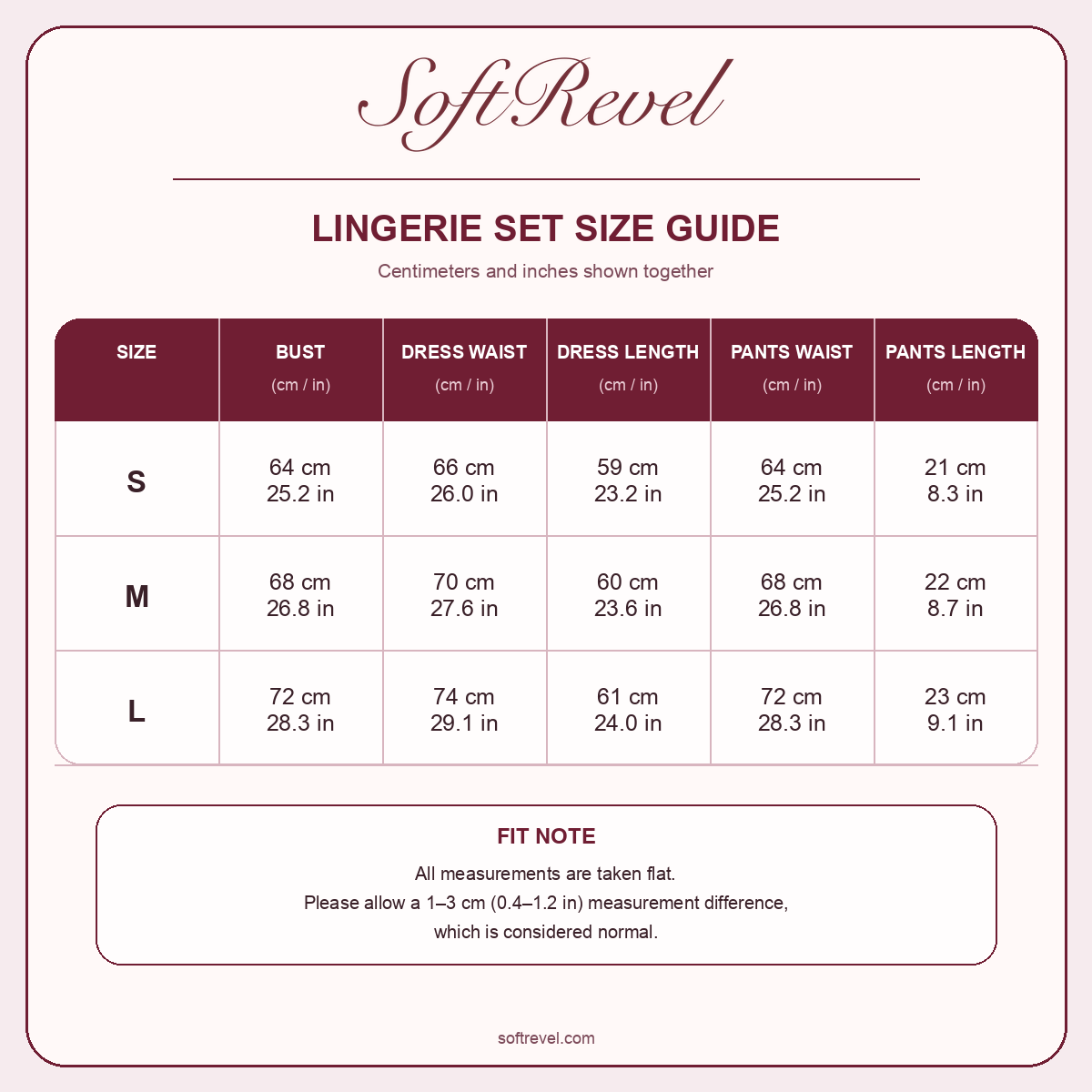 SoftRevel Size Guide — cm and in