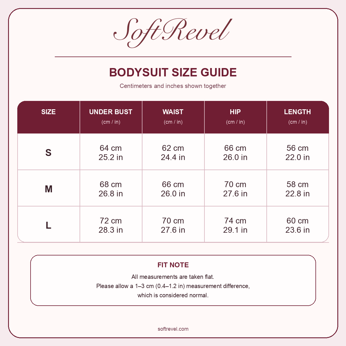 SoftRevel Size Guide — cm and in