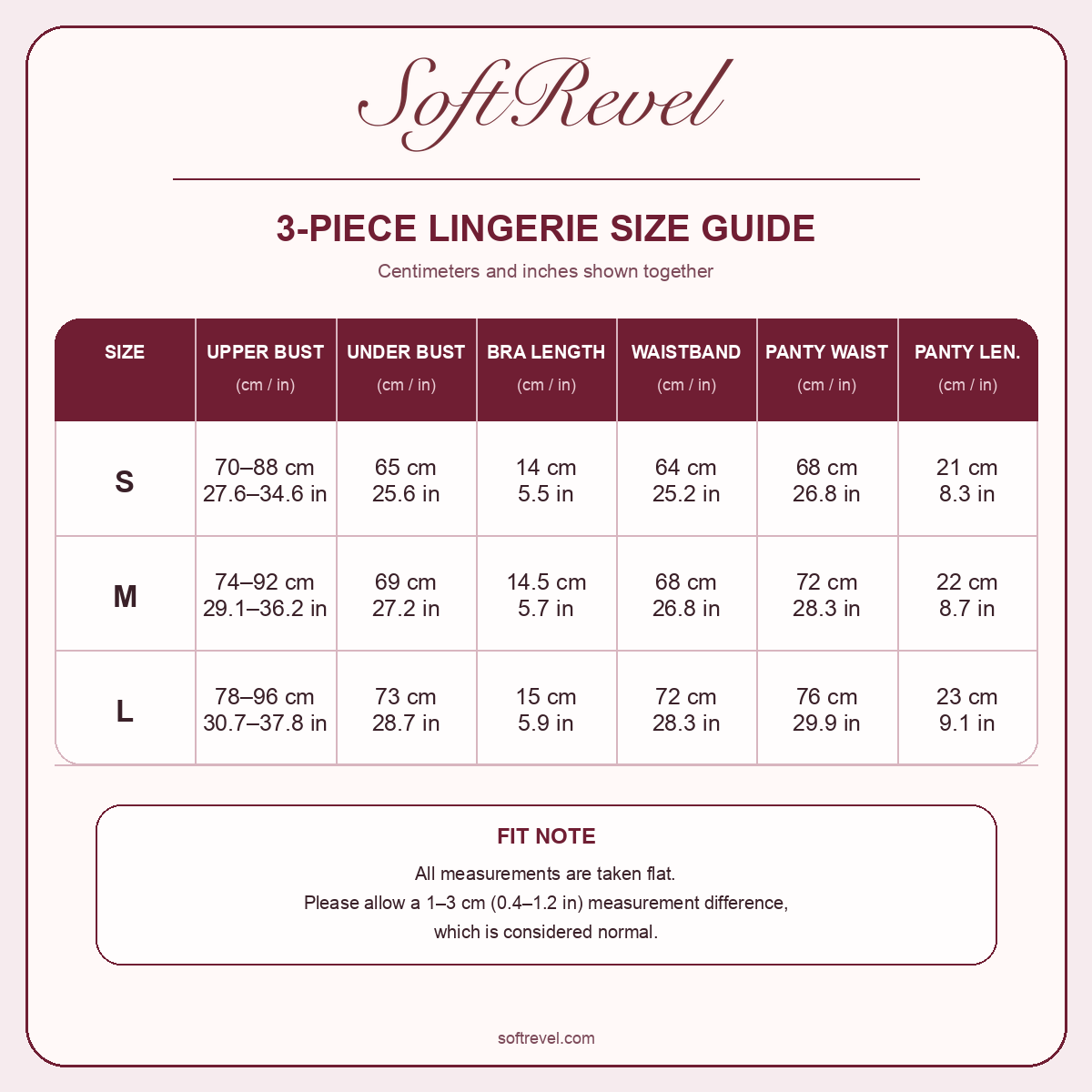 SoftRevel Size Guide — cm and in