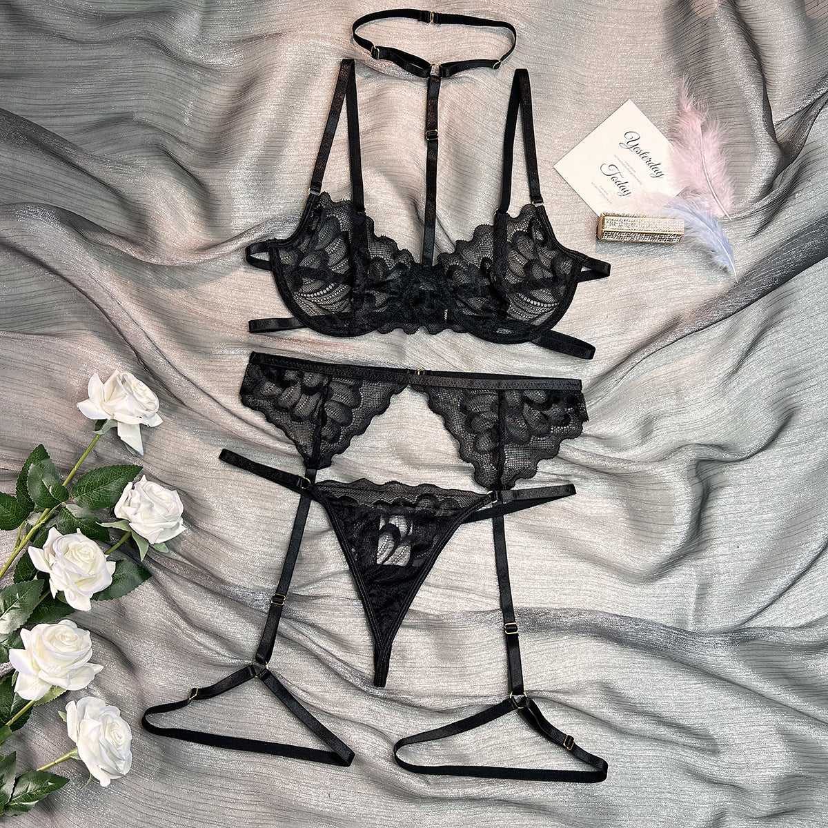SoftRevel Lace 3-Piece Set Halter Lingerie - flat lay