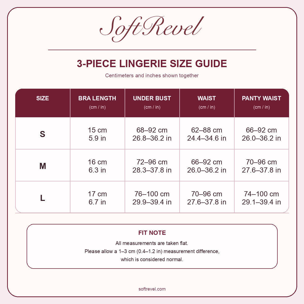 SoftRevel Size Guide — cm and in