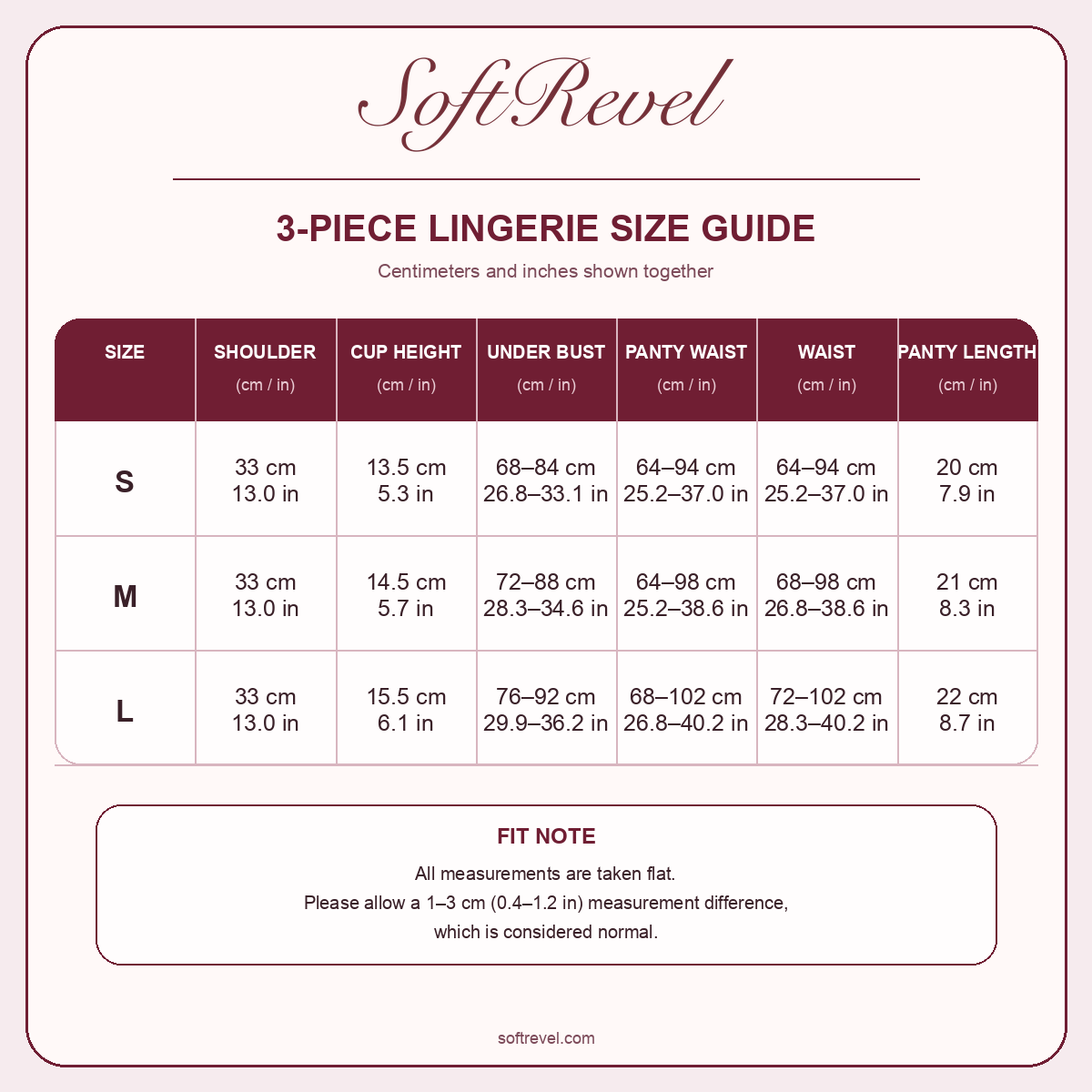 SoftRevel Size Guide — cm and in