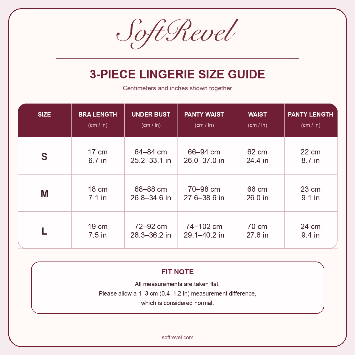 SoftRevel Size Guide — cm and in