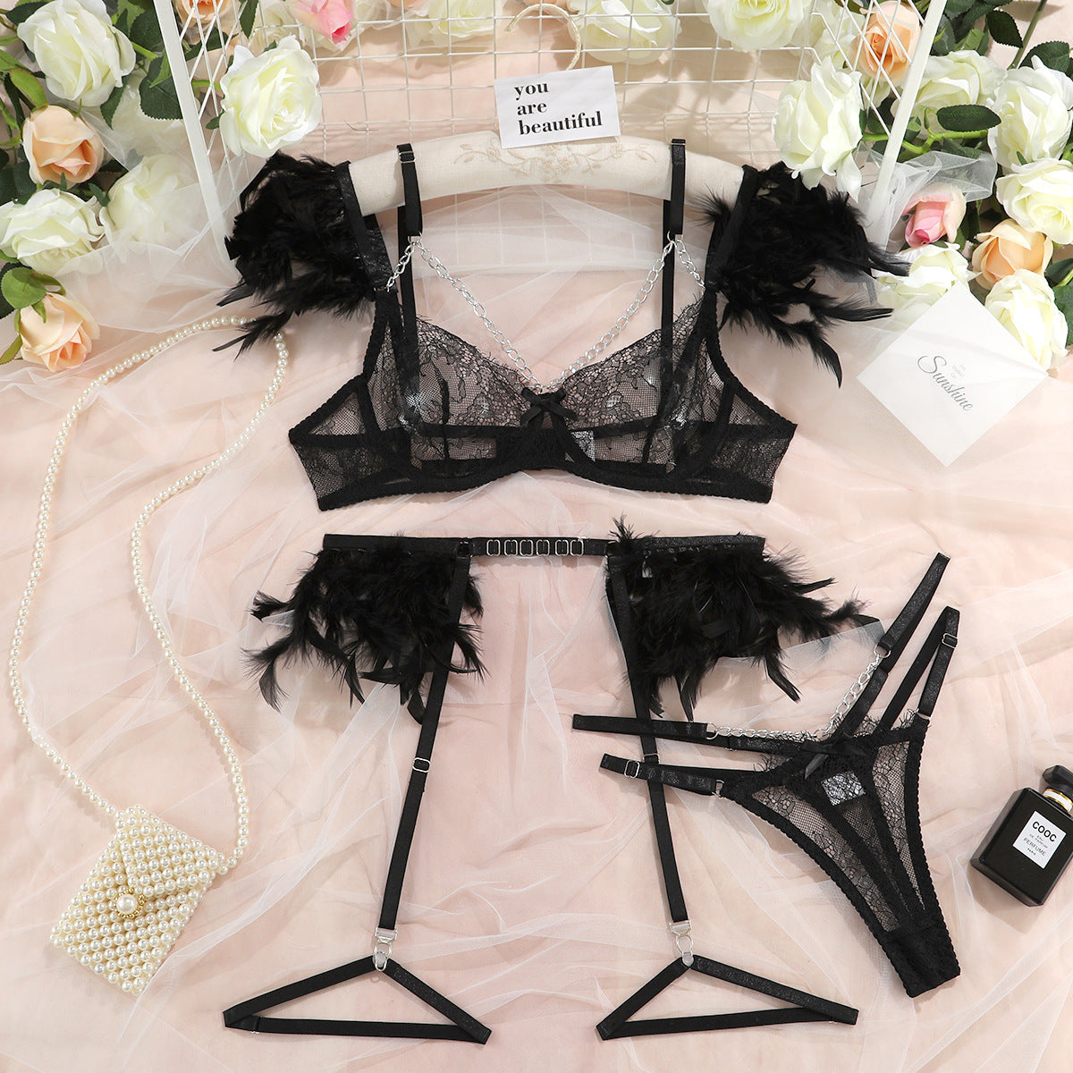 SoftRevel Lace 4-Piece Set Chain Lingerie - flat lay