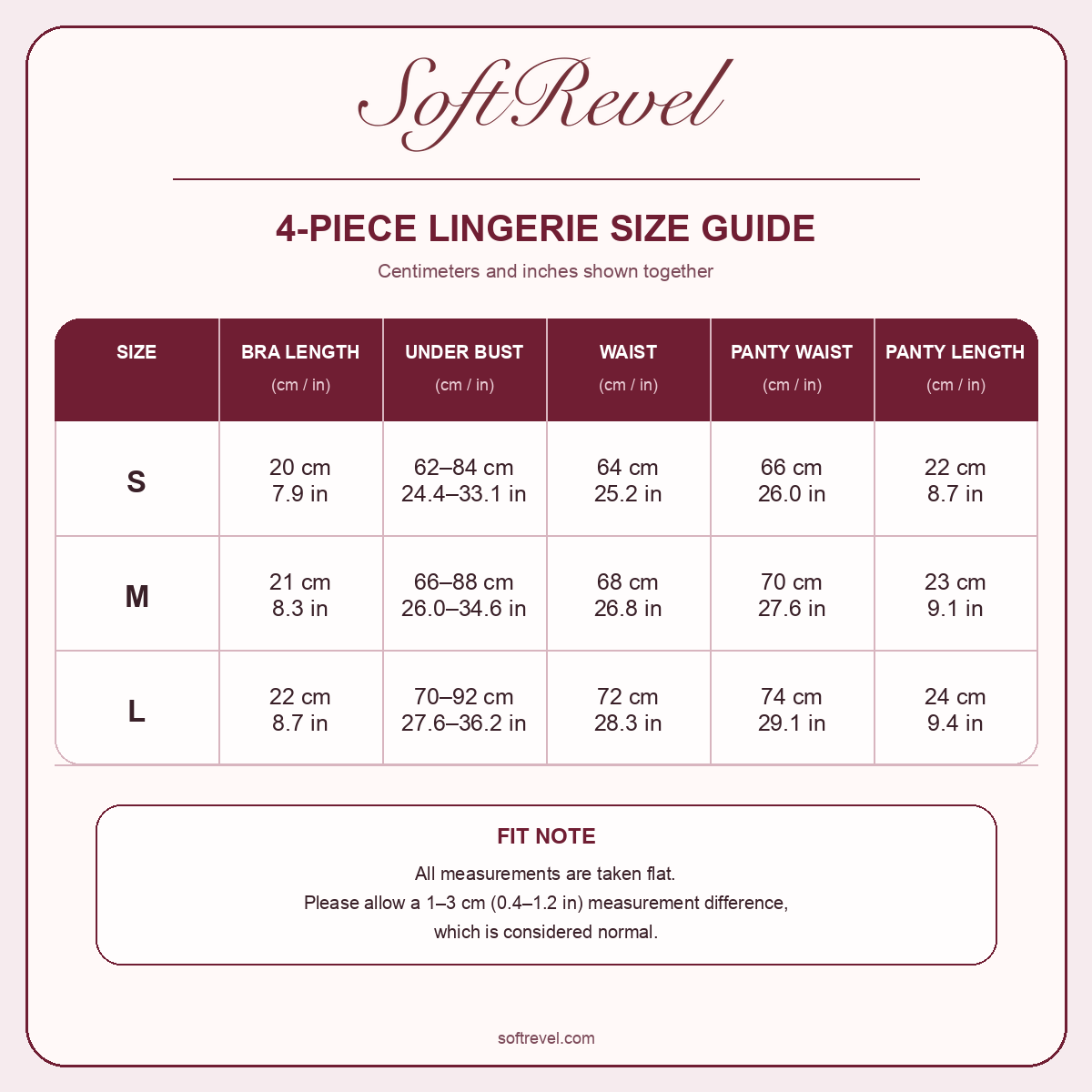 SoftRevel Size Guide — cm and in
