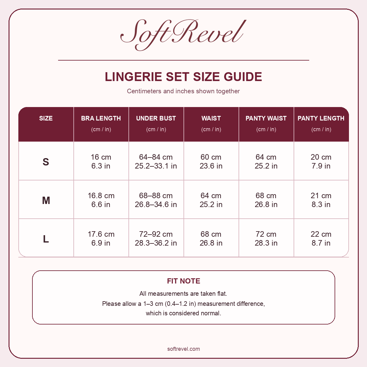 SoftRevel Size Guide — cm and in