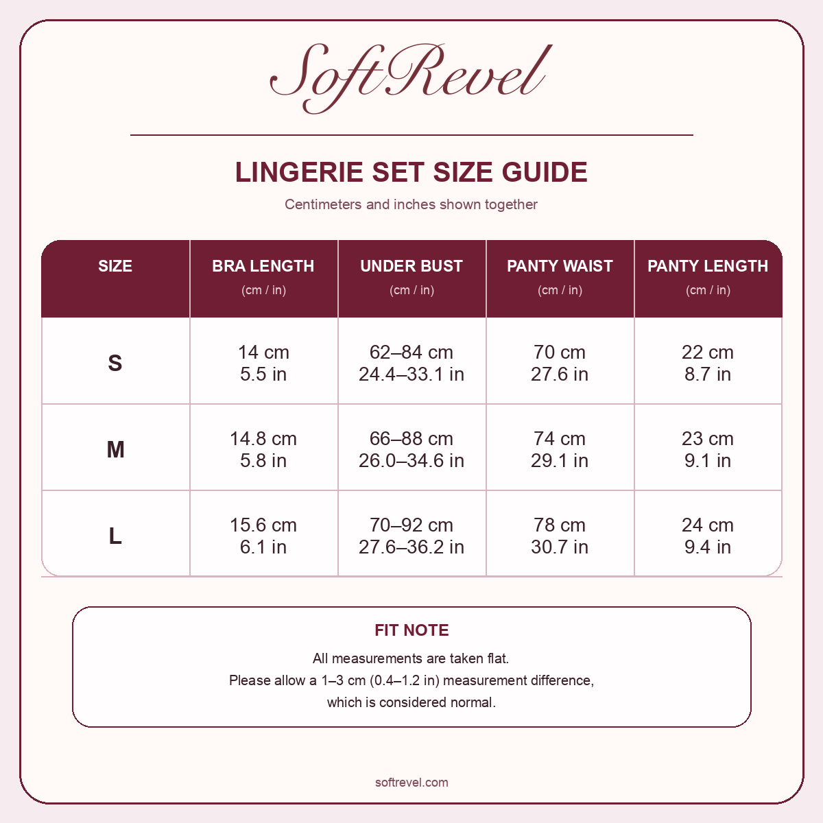 SoftRevel Size Guide — cm and in